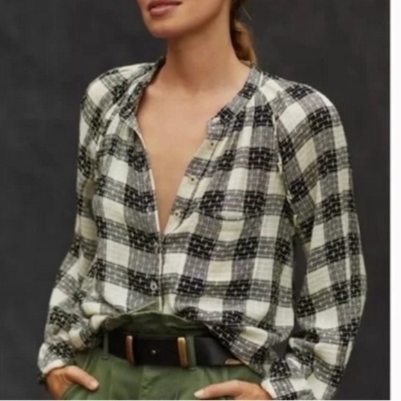 Anthropologie Pilcro Breezy Button down Black Ruffle Lightweight Plaid Shirt Top - Picture 7 of 12